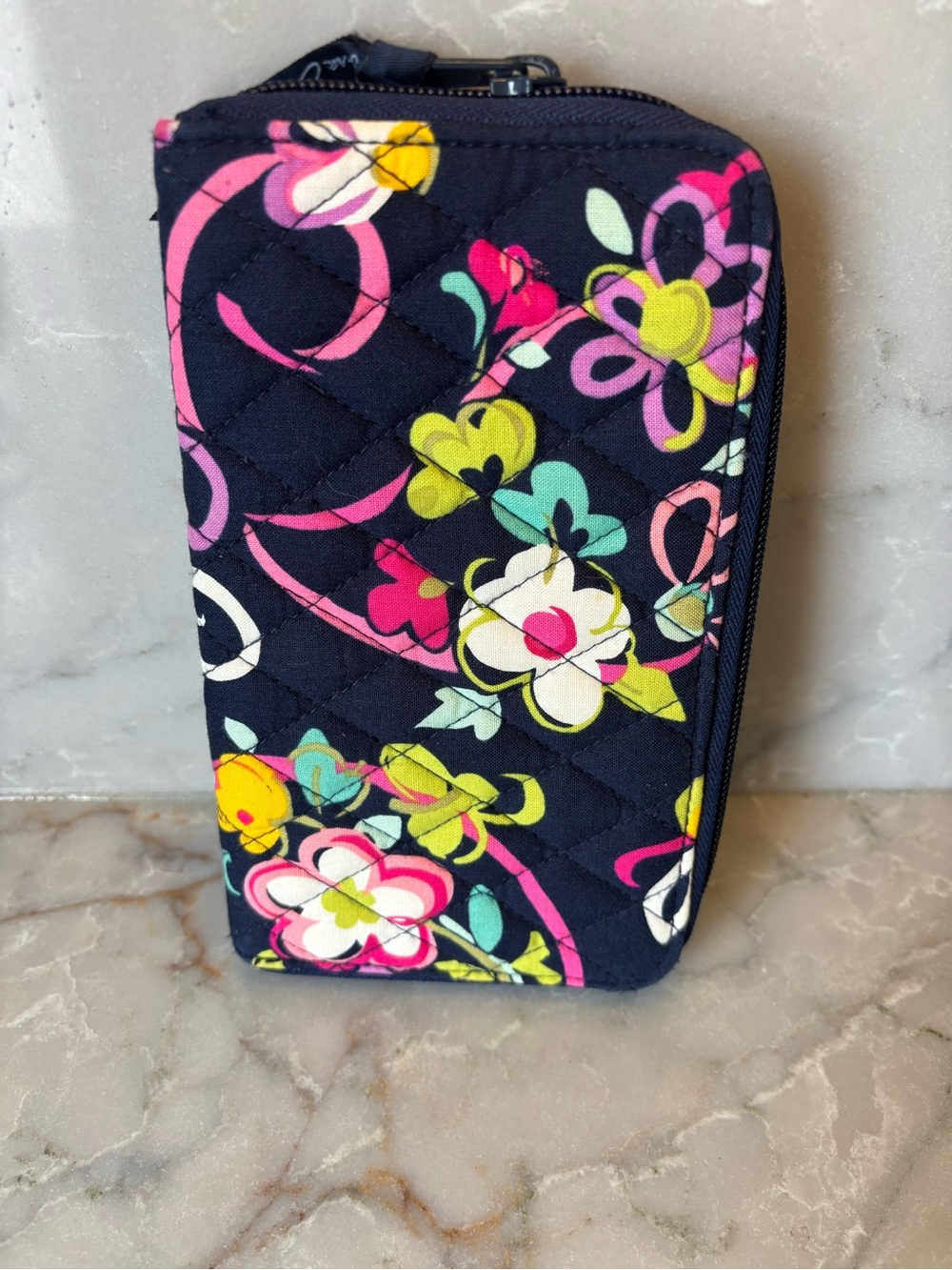 Vera Bradley Navy Quilted Floral Zip Wallet with Pink, Yellow & Green Accents